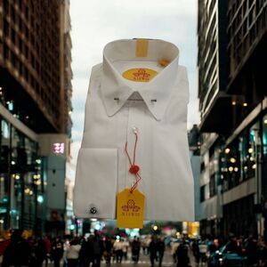 MEN'S ROBERT LEWIS WHITE 100% COTTON ROUNDED TIE PIN COLLAR DRESS SHIRT. RL592D.